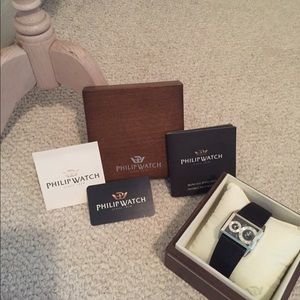 Rare Philip Watch dual time silver with blk band